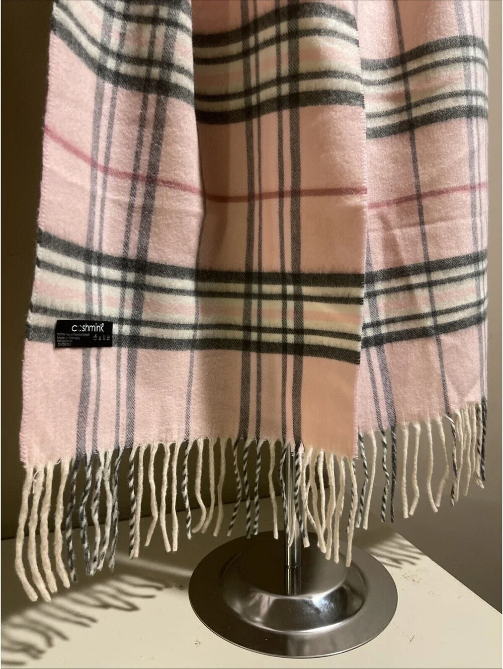 V Fraas Cashmink Scarf Womens Pink Plaid Fringed Made In Germany Very Soft